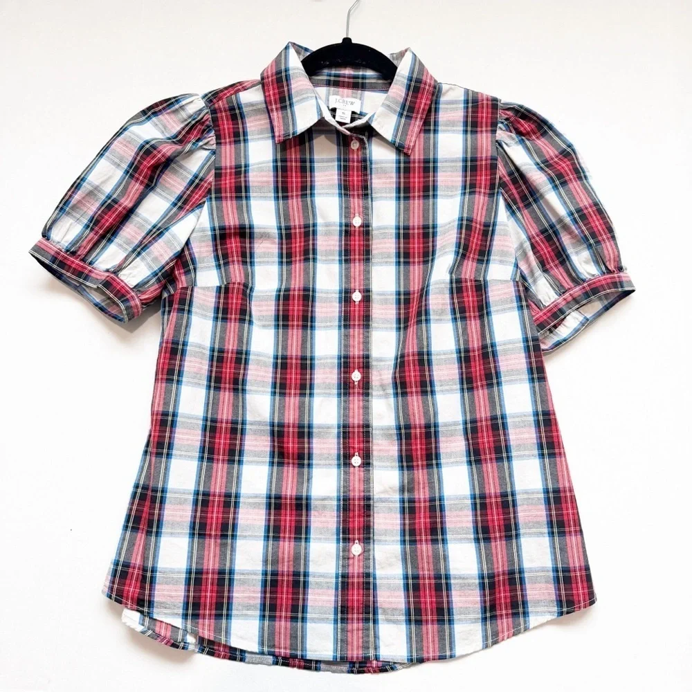 J Crew Puff-sleeve tartan button-up shirt Blouse Top Plaid Academia Preppy
